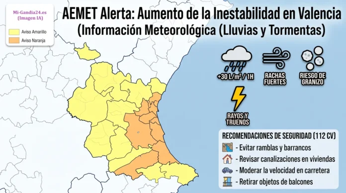 Infografía sobre alerta meteorológica de la AEMET por lluvias y tormentas en Valencia, con aviso amarillo y naranja en la costa