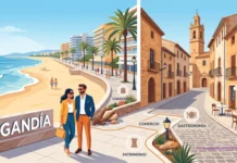 Debate político en Gandia por el modelo turístico Playa y paseo marítimo de Gandía junto a su casco histórico, destacando el comercio, el patrimonio y la gastronomía