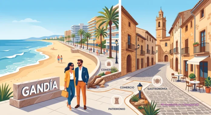 Playa y paseo marítimo de Gandía junto a su casco histórico, destacando el comercio, el patrimonio y la gastronomía
