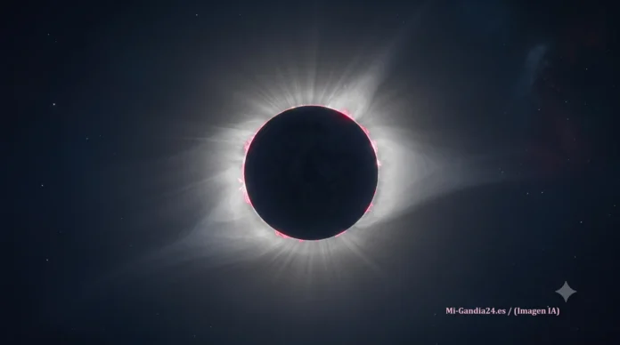 Eclipse solar total con la corona blanca y prominencias rojas alrededor de la silueta oscura de la Luna