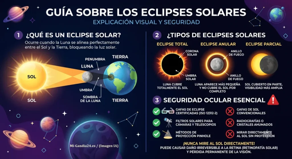 Guía visual sobre eclipses solares: definición, tipos (total, anular, parcial) y medidas de seguridad ocular