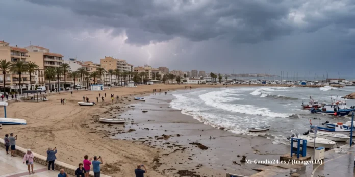 Playa durante una tormenta con rayos en el cielo nublado, olas en el mar y gente observando desde el paseo marítimo