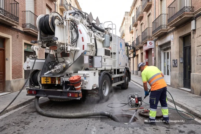 Operario limpiando una alcantarilla con agua a presión junto a un camión de desatascos en una calle