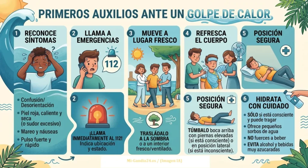 Guía de supervivencia ante una ola de calor en el Mediterráneo 1 Infografía de primeros auxilios ante un golpe de calor: reconocer síntomas, llamar al 112, enfriar, posición segura e hidratar