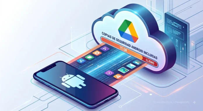 Smartphone Android transfiriendo datos a una nube de Google Drive con almacenamiento de 15 GB lleno