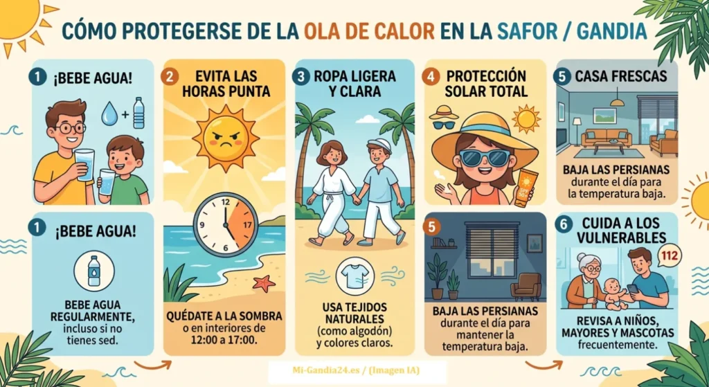Guía de supervivencia ante una ola de calor en el Mediterráneo 2 Consejos ante la ola de calor: beber agua, evitar el sol de 12 a 17h, usar ropa ligera, protección solar, bajar persianas y cuidar a vulnerables