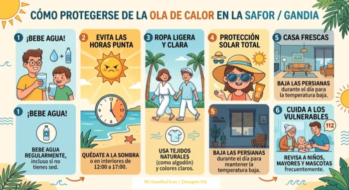 Guía de supervivencia ante una ola de calor Consejos ante la ola de calor: beber agua, evitar el sol de 12 a 17h, usar ropa ligera, protección solar, bajar persianas y cuidar a vulnerables