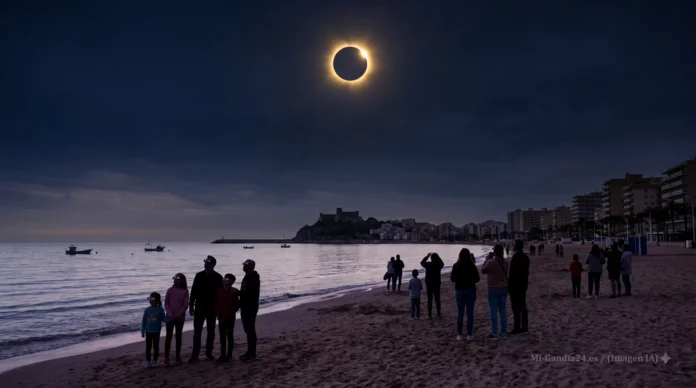 Mitos y verdades sobre el eclipse solar Personas en una playa observando un eclipse solar total sobre el mar con un castillo al fondo