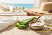 Quemaduras solares: 6 pasos eficaces para recuperar tu piel tras un día de playa Crema calmante after sun con aloe vera y pantenol junto a hojas de aloe y manzanilla frente a un paisaje costero