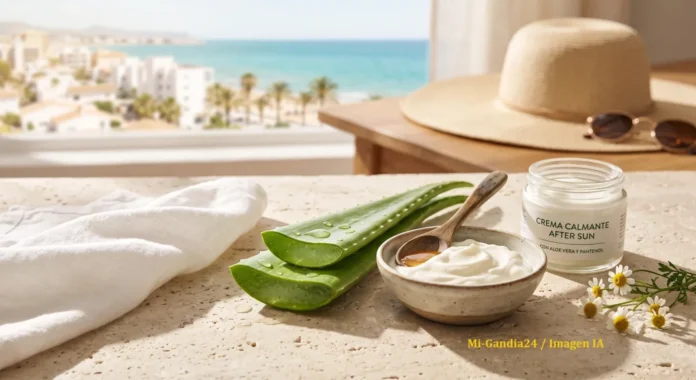 Quemaduras solares Crema calmante after sun con aloe vera y pantenol junto a hojas de aloe y manzanilla frente a un paisaje costero