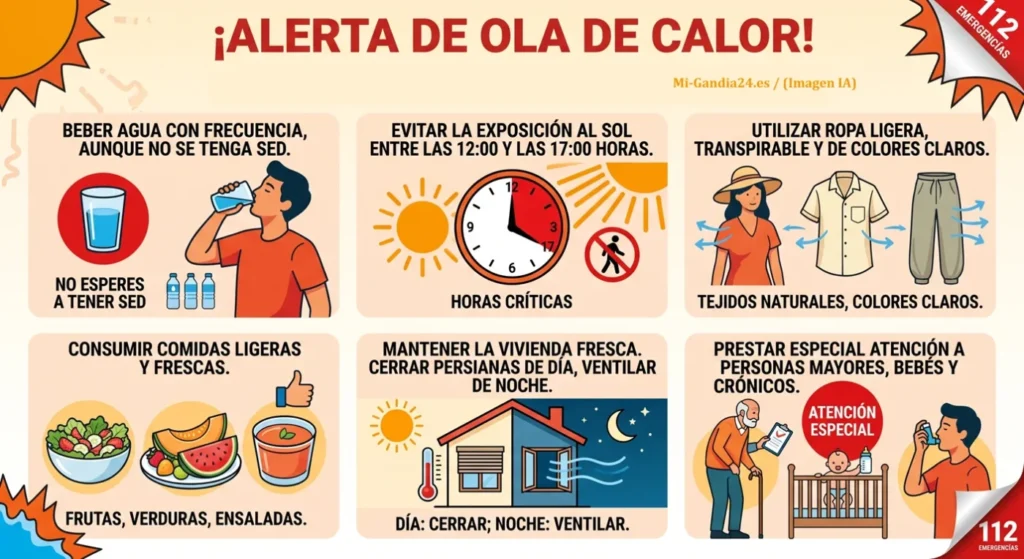 Alerta roja por calor extremo ! 1 Alerta de ola de calor: beber agua, evitar sol de 12 a 17h, ropa ligera, comidas frescas y cuidar a personas vulnerables