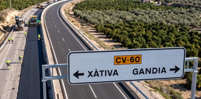 Obras de asfaltado en la carretera CV-60 con un cartel indicativo hacia Xàtiva y Gandia