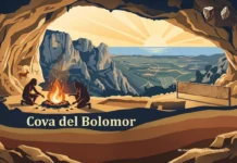 Cova del Bolomor: el refugio de Tavernes de la Valldigna donde Europa encendió sus primeros fuegos Cova del Bolomor: personas prehistóricas junto a una hoguera dentro de una cueva con vistas al valle y al mar