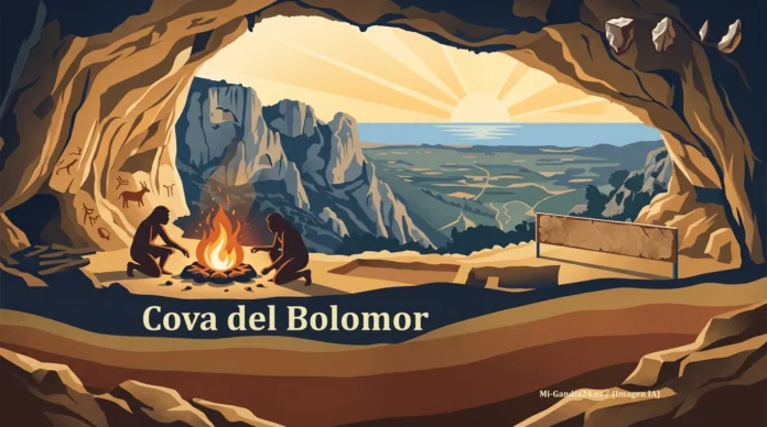 Cova del Bolomor Cova del Bolomor: personas prehistóricas junto a una hoguera dentro de una cueva con vistas al valle y al mar