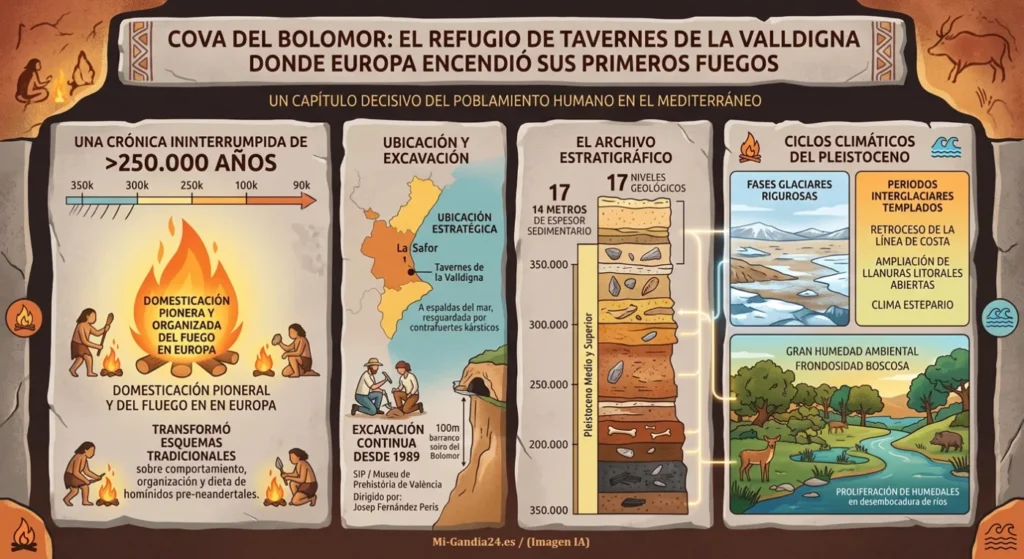 Cova del Bolomor: el refugio de Tavernes de la Valldigna donde Europa encendió sus primeros fuegos 1 Infografía de la Cova del Bolomor: domesticación del fuego en Europa, ubicación, estratigrafía y clima del Pleistoceno