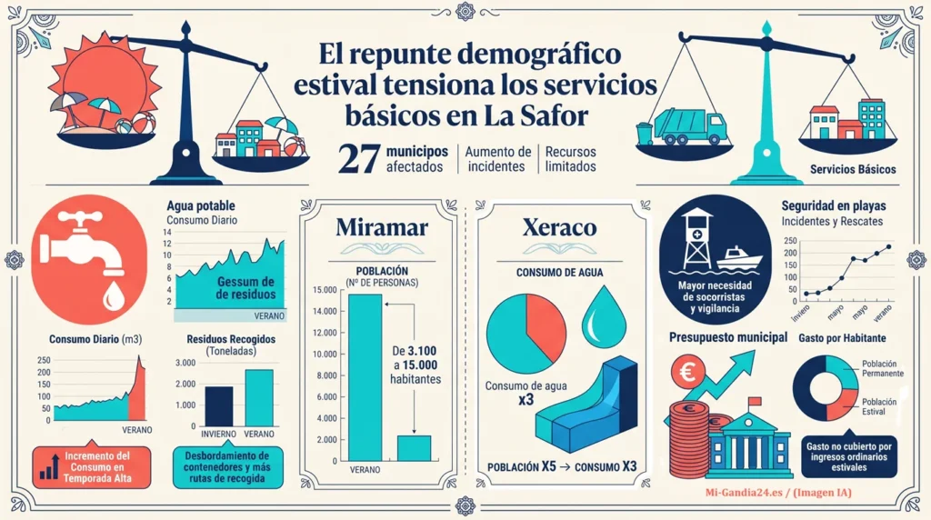 El repunte demográfico estival tensiona los servicios básicos en los municipios costeros de La Safor 1 El repunte demográfico estival tensiona los servicios básicos y recursos en 27 municipios de La Safor