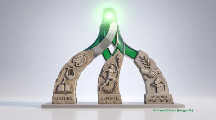 Escultura con tres pilares grabados con las palabras Cultura, Deporte y Memoria Democrática, unidos bajo una luz verde