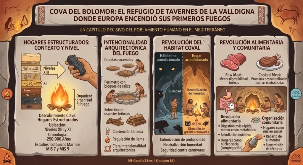 Cova del Bolomor: el refugio de Tavernes de la Valldigna donde Europa encendió sus primeros fuegos 2 Infografía de la Cova del Bolomor sobre los primeros fuegos de Europa, la arquitectura de los hogares y su impacto social y alimentario