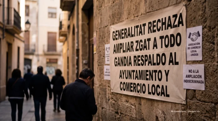 Pancarta en una pared con el texto: Generalitat rechaza ampliar ZGAT a todo Gandia respaldo al Ayuntamiento y comercio local