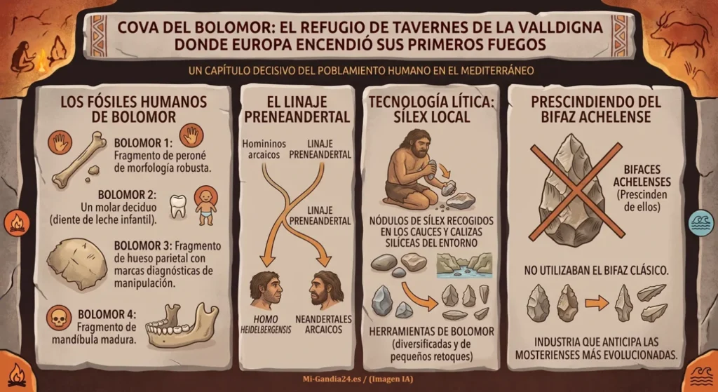Cova del Bolomor: el refugio de Tavernes de la Valldigna donde Europa encendió sus primeros fuegos 4 Detalles sobre fósiles humanos, el linaje preneandertal y la tecnología lítica en el yacimiento de la Cova del Bolomor