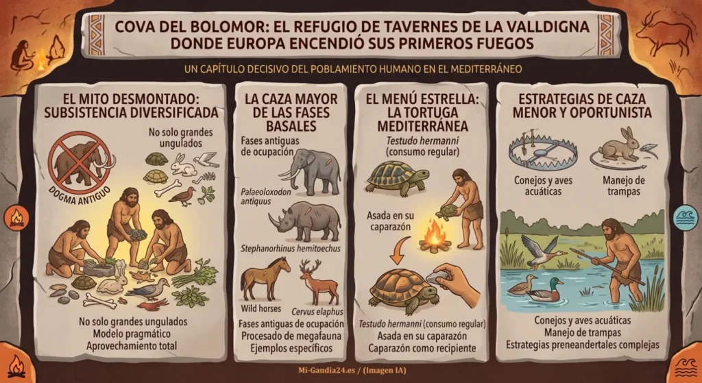 Cova del Bolomor: el refugio de Tavernes de la Valldigna donde Europa encendió sus primeros fuegos 3 Cova del Bolomor: subsistencia diversificada, caza mayor y menor, uso de trampas y consumo de tortuga mediterránea