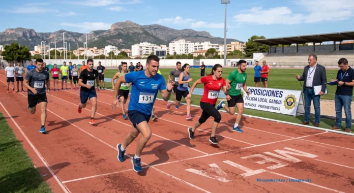 nuevas plazas de la Policía Local Aspirantes a la Policía Local de Gandia corriendo en las pruebas físicas sobre una pista de atletismo