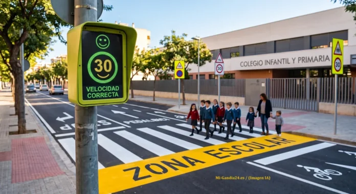 señalización viaria con prioridad Radar con aviso de 30 VELOCIDAD CORRECTA frente a un paso de peatones de zona escolar con niños cruzando
