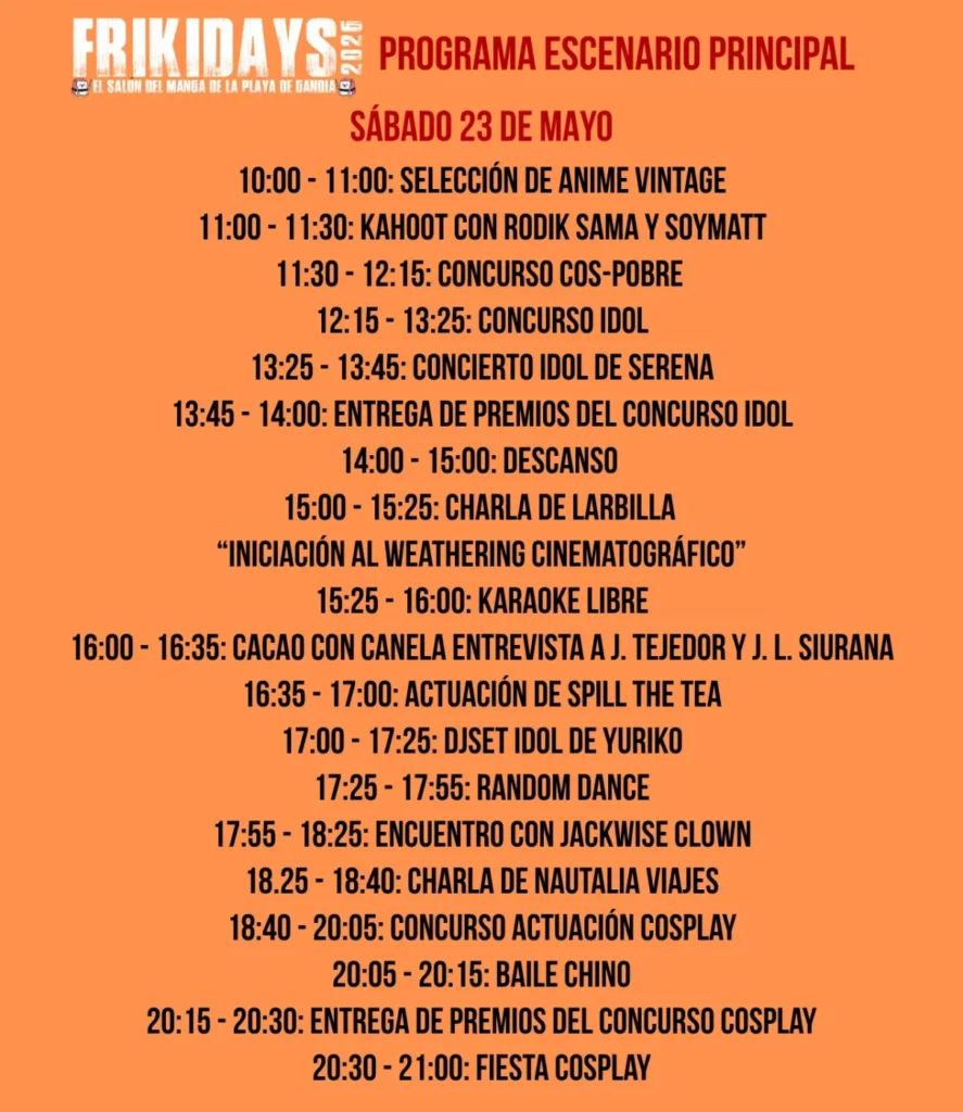 FRIKIDAYS PROGRAMA SABADO 23 DE MAYO