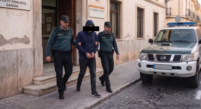 Detenido un empleado de banca en Gandia Dos agentes de la Guardia Civil escoltan a un hombre esposado a la salida del puesto principal de Gandia