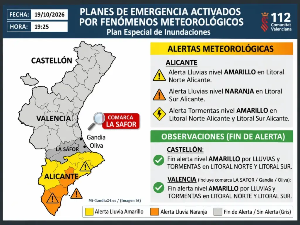 Mapa de emergencias de la Comunitat Valenciana: alertas naranja y amarilla por lluvias y tormentas en Alicante, y fin de alerta en Castellón y Valencia