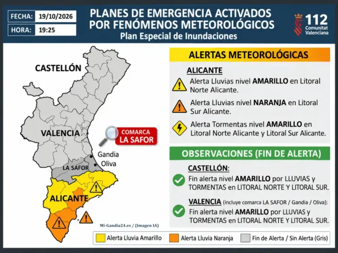 Mapa de emergencias de la Comunitat Valenciana: alertas naranja y amarilla por lluvias y tormentas en Alicante, y fin de alerta en Castellón y Valencia