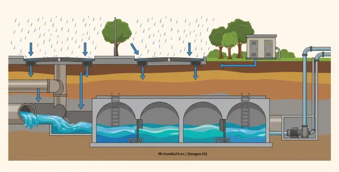 Depósito de Clot de la Mota Diagrama de un sistema de drenaje urbano con un tanque de tormentas subterráneo para almacenar agua de lluvia