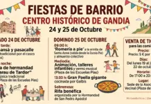 El Centro Histórico de Gandia recupera sus fiestas vecinales el 24 y 25 de octubre con tradición y gastronomía Programa de las Fiestas del Centro Histórico de Gandia, 24 y 25 de octubre: pasacalles, cena, romería, paella gigante y rifa