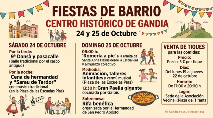 Programa de las Fiestas del Centro Histórico de Gandia, 24 y 25 de octubre: pasacalles, cena, romería, paella gigante y rifa