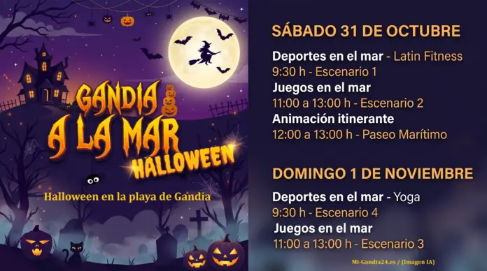 Halloween en la playa de Gandia Gandia a la Mar Halloween: programa de actividades del 31 de octubre y 1 de noviembre en la playa de Gandia con fitness, yoga, juegos y animación