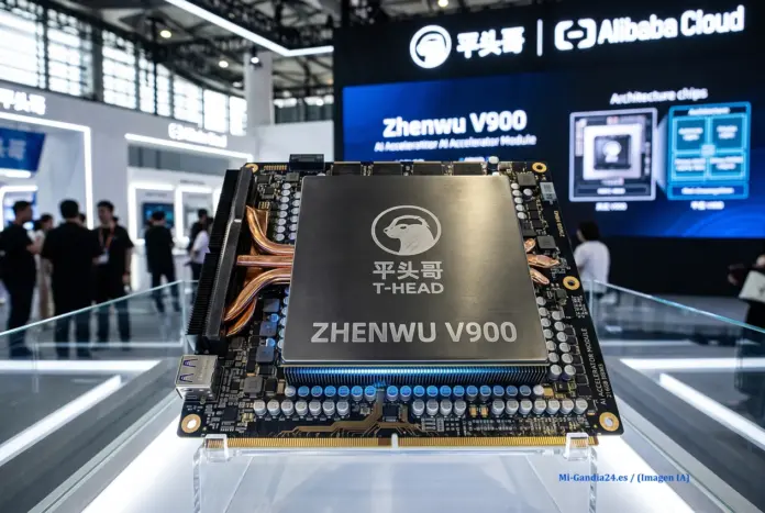 Módulo acelerador de IA Zhenwu V900 de T-Head en una feria tecnológica de Alibaba Cloud