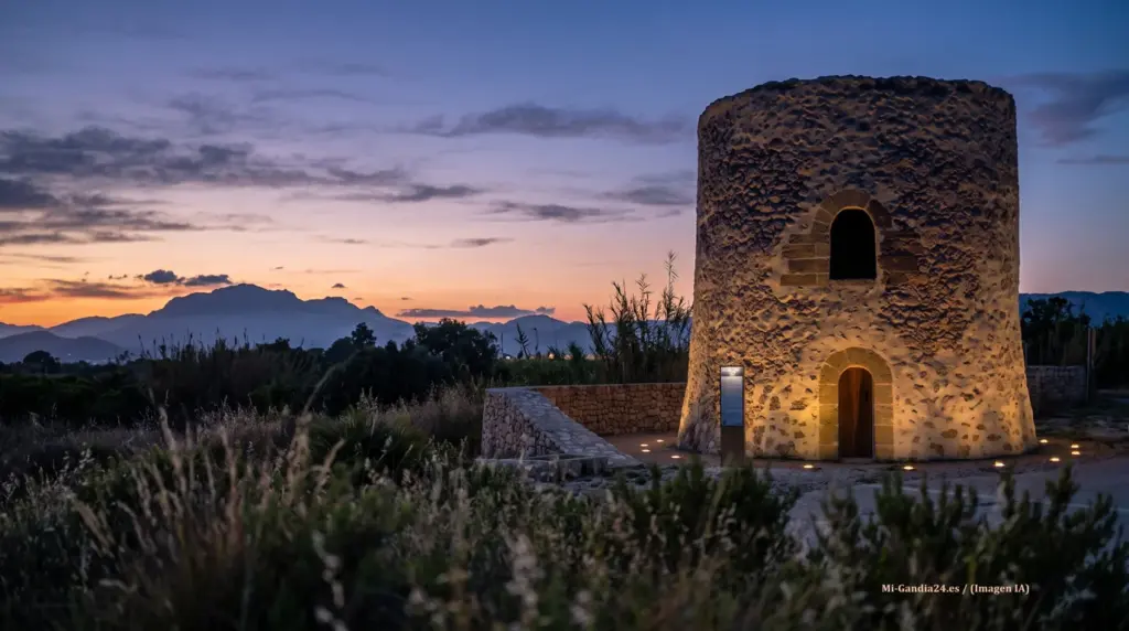 Xeraco abrirá al público la Torre de Guaita tras culminar la reconstrucción de sus plantas históricas 2 Torre de piedra iluminada al atardecer con montañas al fondo bajo el cielo crepuscular