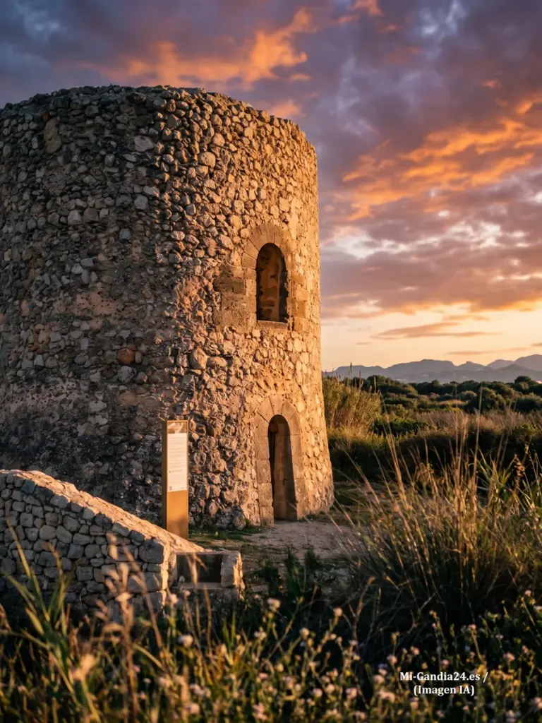 Xeraco abrirá al público la Torre de Guaita tras culminar la reconstrucción de sus plantas históricas 1 Torre de vigía de piedra al atardecer bajo un cielo nublado en tonos anaranjados y violetas