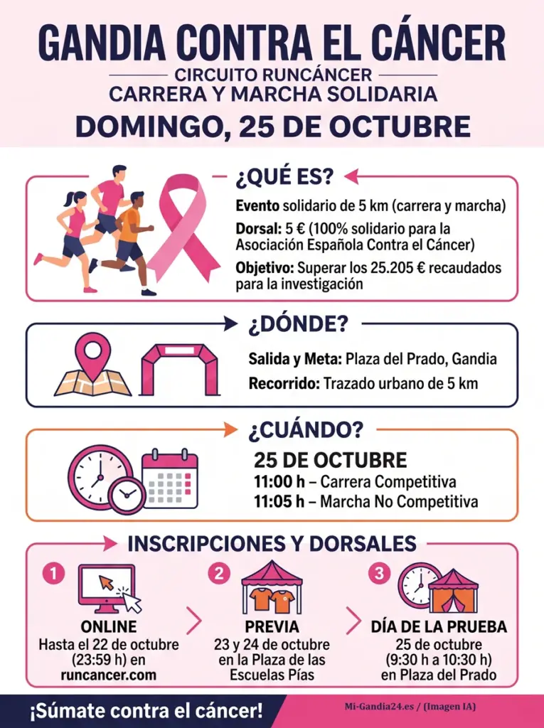 Gandia contra el cáncer: carrera y marcha solidaria de 5 km el domingo 25 de octubre en la Plaza del Prado. Inscripciones en runcancer.com
