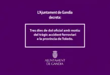 Gandia decreta tres días de luto oficial por el grave accidente ferroviario en Toledo El Ayuntamiento de Gandia decreta tres días de luto oficial por el trágico accidente ferroviario en la provincia de Toledo